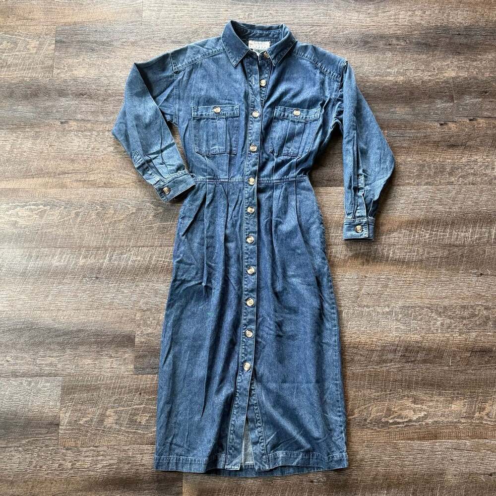 Talbots Petites Vintage Denim Long Sleeve Button Down Midi Dress Size 4